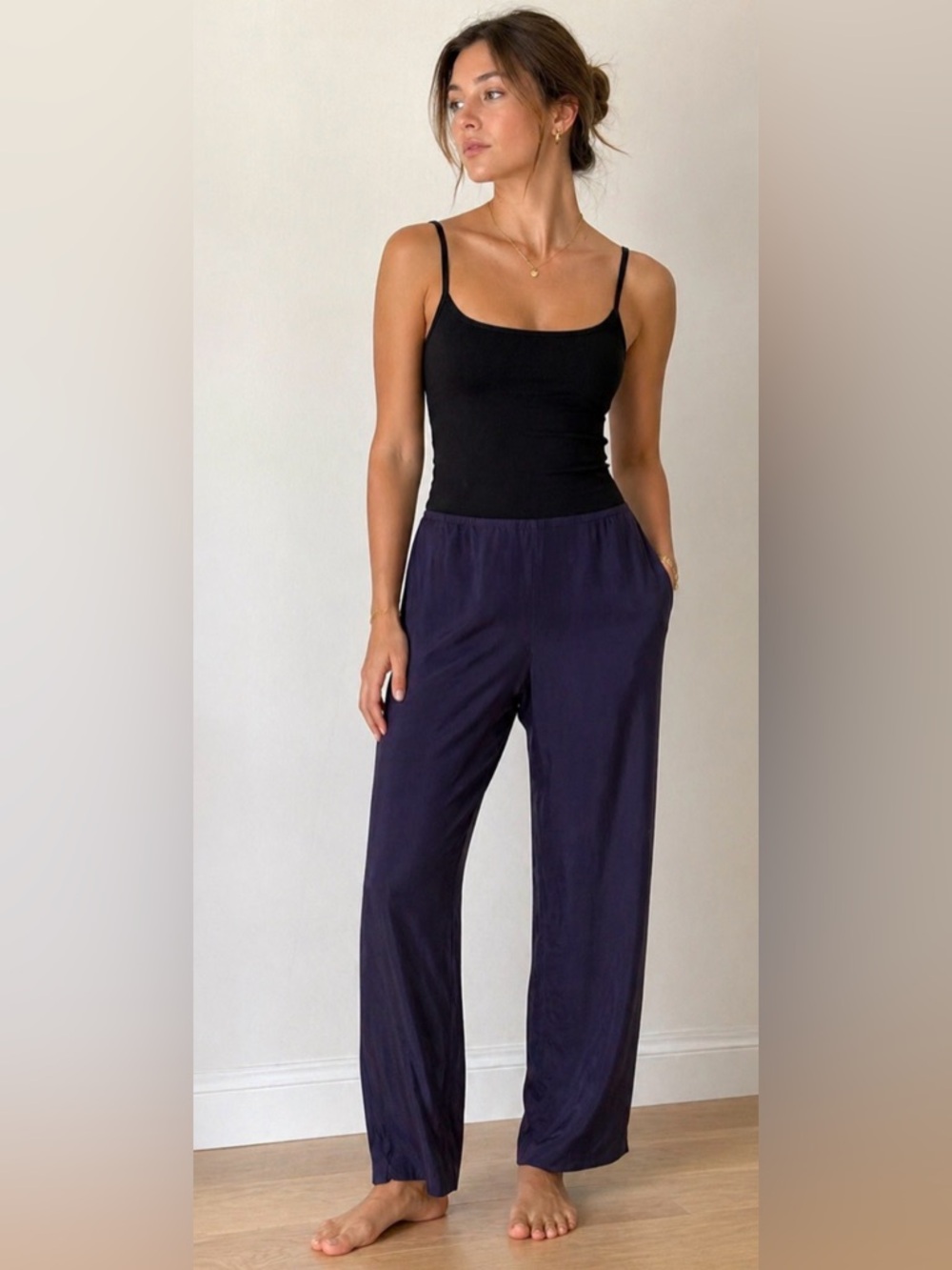 Women's Wide-Leg Silk Pants in Deep Navy